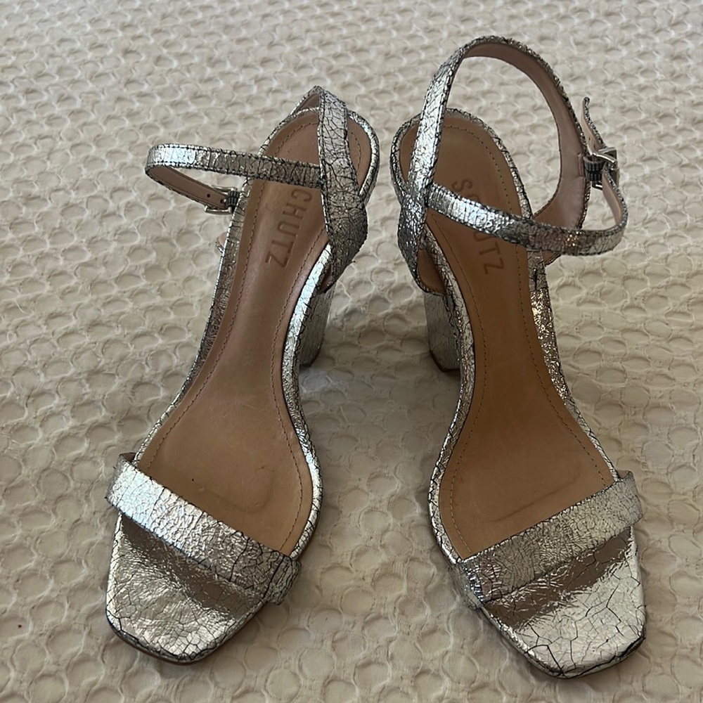 EUC—Schutz Silver Foil retro wedges